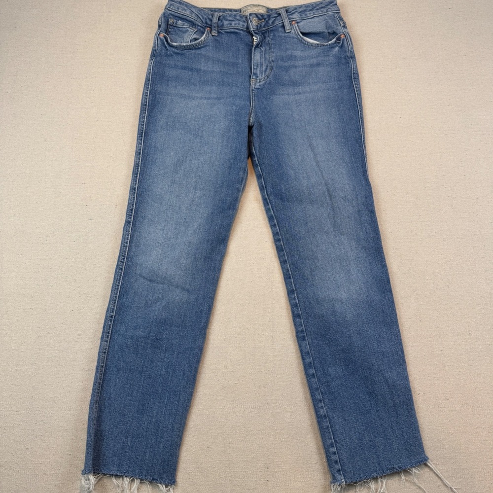 Free People 28 Straight Leg Jeans Women Blue Raw Hem Medium Wash Distressed